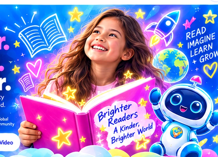 Young reader enjoying a book alongside the Reading Club International learning mascot